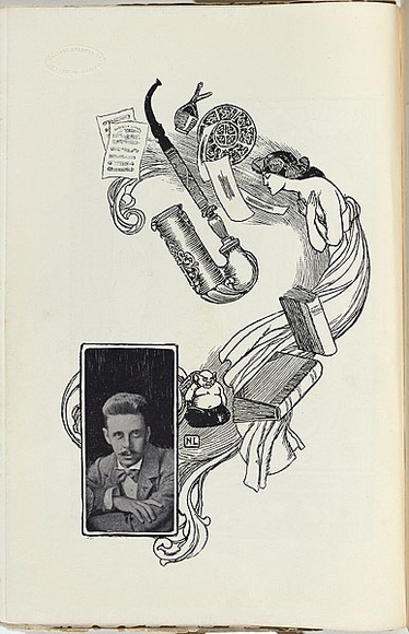 Artist: b'Moffitt, Ernest.' | Title: b'Not titled (reproduction of line drawing  of artists portrait, muse and objects).' | Date: 1899 | Technique: b'reproduction of line drawing and photograph, printed in black ink, from one plate' | Copyright: b'Courtesy of the National Library of Australia'