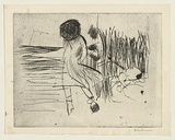 Title: b'not titled [female walking along beach with hat over face]' | Date: c. 1960 | Technique: b'drypoint, printed in black ink, from one plate'