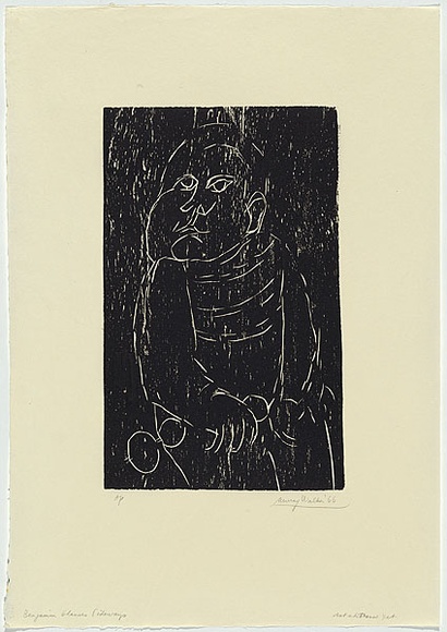 Artist: b'WALKER, Murray' | Title: b'Benjamin glances sideways.' | Date: 1966 | Technique: b'woodcut, printed in black ink, from one block'