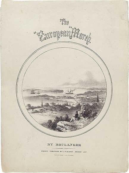 Artist: b'Boulanger, Edouard Desiree.' | Title: b'The European march. [view of Sydney Heads and harbour.]' | Date: (1857) | Technique: b'lithograph, printed in black ink, from one stone'