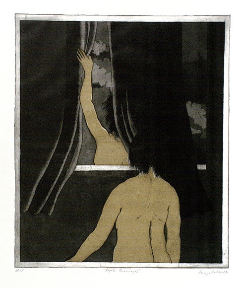 Artist: b'BALDESSIN, George' | Title: b'Night personages.' | Date: 1970 | Technique: b'etching and aquatint, printed in black ink, from one plate; stencil, printed in colour ink, from multiple stencils.'