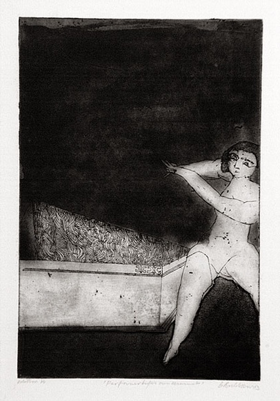 Artist: b'BALDESSIN, George' | Title: b'Performer before own monument.' | Date: 1963 | Technique: b'etching, aquatint and electric engraving tool, printed in black ink, from one plate'