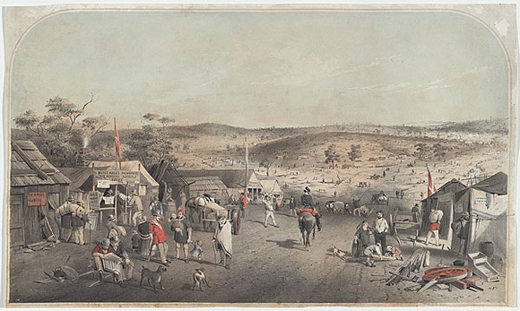 Artist: b'GILL, S.T.' | Title: b'Forest Creek, Mount Alexander diggings from the base of Red Hill near Argus office looking towards Castlemaine July 1852.' | Date: 1853 | Technique: b'lithograph, printed in colour, from multiple stones: additional hand- colouring'