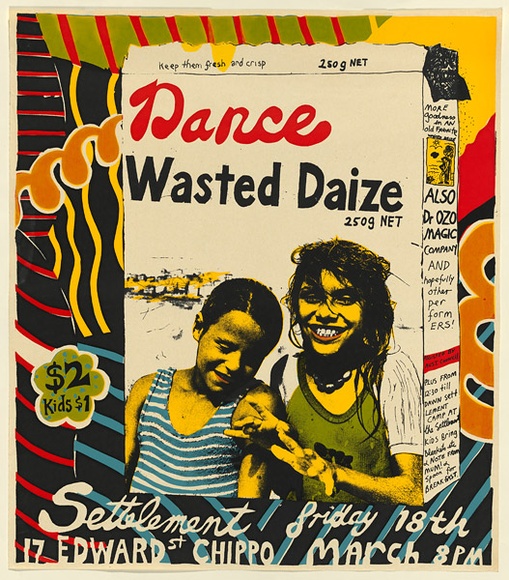 Artist: b'WORSTEAD, Paul' | Title: b'Dance: Wasted Daize... Settlement Friday 18th, 17 Edward St Chippo.' | Date: 1977 | Technique: b'screenprint, printed in colour, from four stencils' | Copyright: b'This work appears on screen courtesy of the artist'
