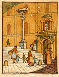 Artist: b'Syme, Eveline' | Title: b'The Duomo steps, Siena' | Date: 1931 | Technique: b'linocut, printed in colour, from four blocks (yellow ochre, vermillion, cerulean blue, raw umber)'