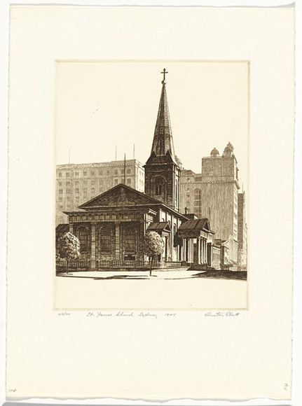 Artist: b'PLATT, Austin' | Title: b'St James Church, Sydney' | Date: 1945 | Technique: b'etching, printed in black ink, from one plate'