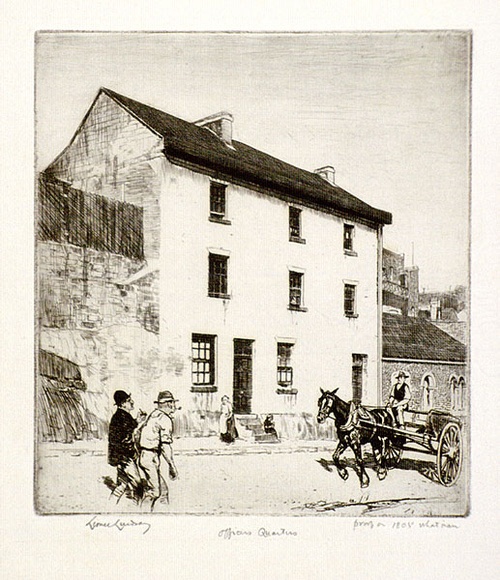 Artist: b'LINDSAY, Lionel' | Title: b'Officers quarters, Kent Street' | Date: 1912 | Technique: b'etching and drypoint, printed in black ink, from one plate' | Copyright: b'Courtesy of the National Library of Australia'