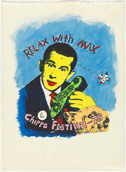 Artist: b'WORSTEAD, Paul' | Title: b'Relax with Max-Chipps Festival' | Date: 1978 | Technique: b'screenprint, printed in black ink, from one stencil; hand-coloured' | Copyright: b'This work appears on screen courtesy of the artist'