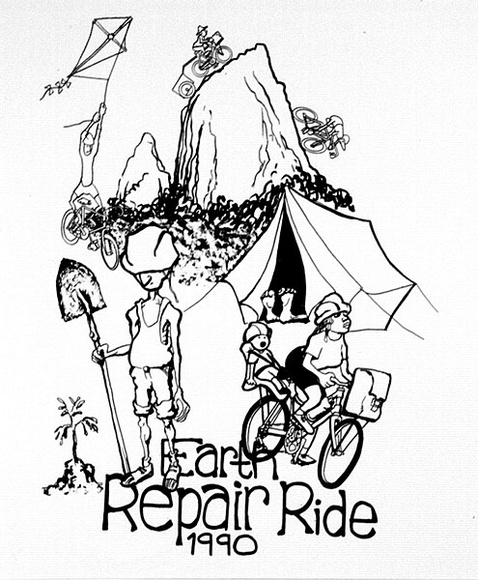 Artist: b'VARIOUS' | Title: b'Earth Repair ride' | Date: 1990 | Technique: b'screenprint, printed in green and black ink, from two stencils'