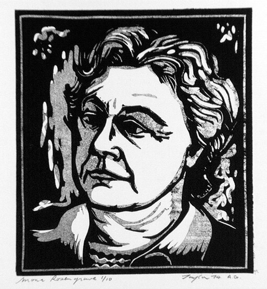 Artist: b'Taylor, John H.' | Title: b'Mona Rosengrave' | Date: 1974 | Technique: b'linocut, printed in black and grey, from two  blocks'