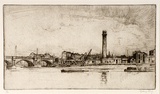 Artist: LONG, Sydney | Title: The old shot and powder works | Date: 1925 | Technique: line-etching, printed in black ink, from one copper plate | Copyright: Reproduced with the kind permission of the Ophthalmic Research Institute of Australia