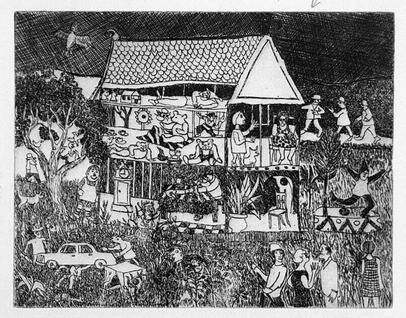 Artist: b'Allen, Joyce.' | Title: b'(House and garden, full of activities).' | Date: (1980s) | Technique: b'etching, printed in black ink, from one  plate'