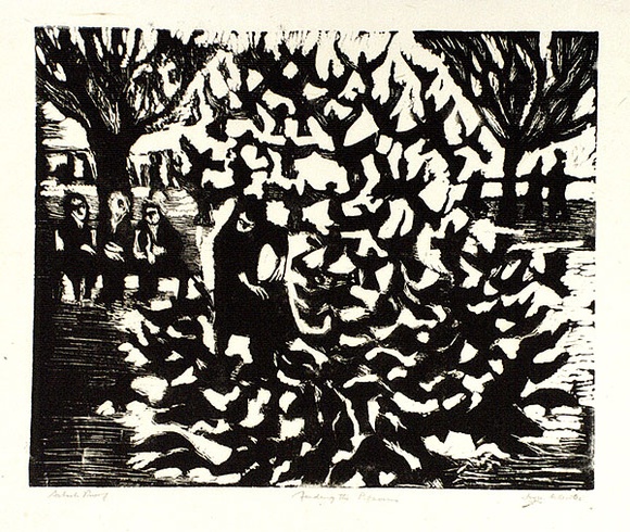 Artist: b'Allen, Joyce.' | Title: b'Feeding the pigeons.' | Date: 1965 | Technique: b'linocut printed in black ink, from one block'