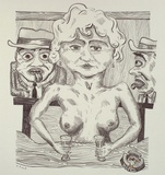 Artist: Hay, Bill. | Title: not titled [topless barmaid and two men] | Date: c.1990 | Technique: lithograph, printed in black ink, from one stone; hand-coloured