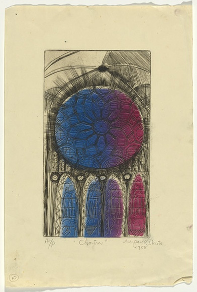 Artist: b'Cilento, Margaret.' | Title: b'Chartres.' | Date: 1958 | Technique: b'etching, printed in colour from three  plates'