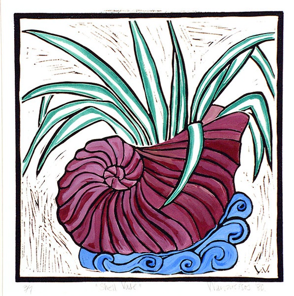 Artist: Varvaressos, Vicki. | Title: Shell vase | Date: 1980 | Technique: linocut, printed in black ink, from one block, hand-coloured | Copyright: © Vicki Varvaressos