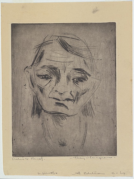 Artist: b'MACQUEEN, Mary' | Title: b'Old Chinese woman' | Date: c.1959 | Technique: b'drypoint, printed in black ink with plate-tone, from one plate' | Copyright: b'Courtesy Paulette Calhoun, for the estate of Mary Macqueen'