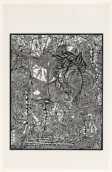 Artist: b'Dickson, Jim.' | Title: b'not titled [black and white surreal composition, skeletal sea-weed and peacock eye upper right corner].' | Date: 1970-1990 | Technique: b'screenprint, printed in black ink, from one stencil'