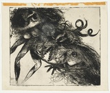 Artist: b'BOYD, Arthur' | Title: b'Double figure with shark head and horns (Elektra backdrop).' | Date: 1962-63 | Technique: b'etching and aquatint, printed in blueish black ink, from one plate' | Copyright: b'Reproduced with permission of Bundanon Trust'