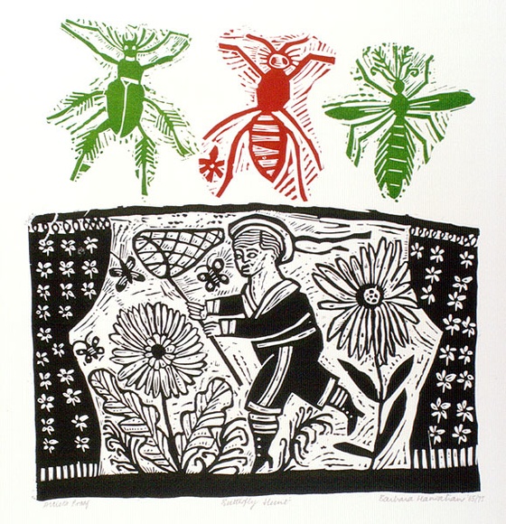 Artist: b'HANRAHAN, Barbara' | Title: b'Butterfly hunt' | Date: 1965 | Technique: b'linocut, printed in colour, from four blocks'