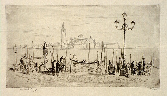 Artist: b'LINDSAY, Lionel' | Title: b'Venice from San Giorgio' | Date: 1938 | Technique: b'etching, printed in warm black ink with plate-tone, from one plate, from one plate; with additions in pencil' | Copyright: b'Courtesy of the National Library of Australia'