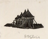Artist: OGILVIE, Helen | Title: not titled [Four circular tents] | Date: 1949 | Technique: wood-engraving, printed in black ink, from one block