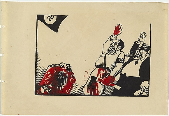 Artist: b'UNKNOWN, WORKER ARTISTS, SYDNEY, NSW' | Title: b'Not titled (beheading).' | Date: 1933 | Technique: b'linocut, printed in colour, from two blocks (black and red)'