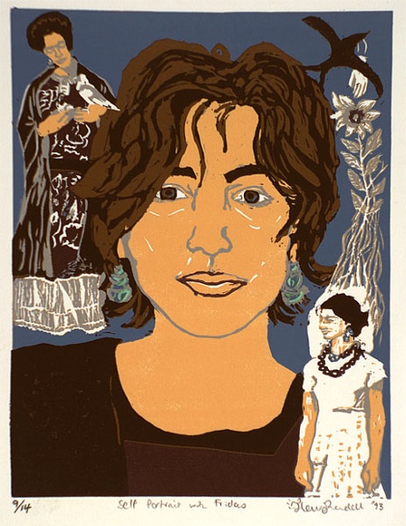 Artist: Randell, Fleur. | Title: Self-portrait with Fridas | Date: 1993 | Technique: linocut, printed in colour, from seven blocks