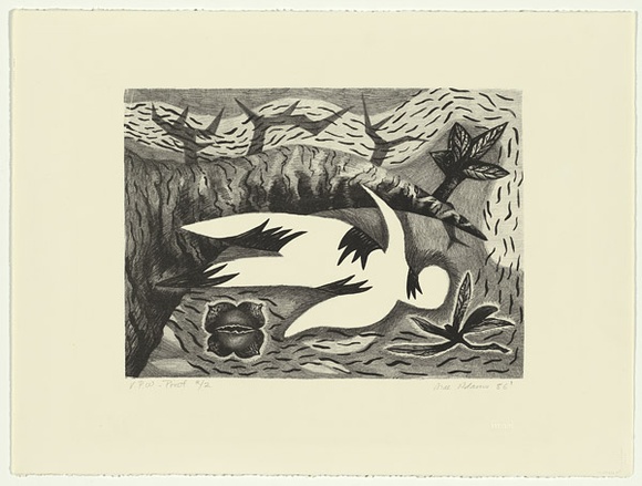 Artist: b'Adams, Mae.' | Title: b'not titled [figure lying surrounded by trees]' | Date: 1986 | Technique: b'lithograph, printed in black ink, from one stone' | Copyright: b'\xc2\xa9 Mae Adams. Licensed by VISCOPY, Australia'