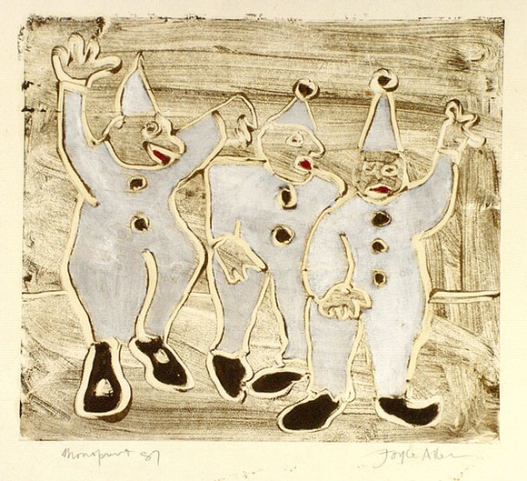 Artist: b'Allen, Joyce.' | Title: b'(Clowns).' | Date: 1987 | Technique: b'monotype, printed in brown ink, from one plate, hand-coloured'