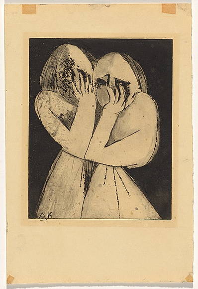 Artist: b'Kriegel, Adam.' | Title: b'(Two girls hiding)' | Date: 1950s | Technique: b'etching and aquatint, printed in black ink, from one  plate'