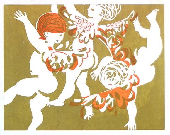Artist: b'Stringer, John.' | Title: b'Greeting card: (three putti).' | Date: (1962) | Technique: b'linocut, printed in colour, from multiple blocks'
