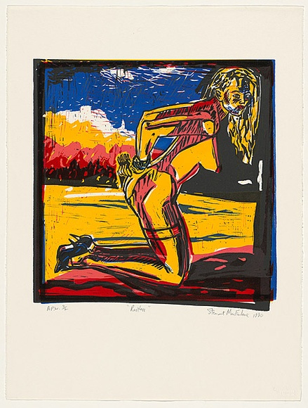 Artist: b'MacFarlane, Stewart.' | Title: b'Restless' | Date: 1990 | Technique: b'linocut, printed in colour, from five blocks'