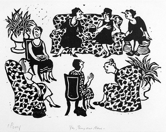 Artist: b'Allen, Joyce.' | Title: b'Yes, they are new.' | Date: 1986 | Technique: b'linocut, printed in black ink, from one block'