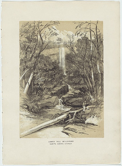 Artist: b'PROUT, John Skinner' | Title: b'Lower fall, Willoughby, North Shore Sydney.' | Date: 1842 | Technique: b'lithograph, printed in colour, from two stones (black and brown tint stone)'