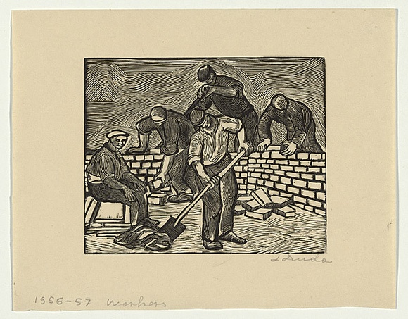 Artist: b'Groblicka, Lidia.' | Title: b'Workers' | Date: 1956-57 | Technique: b'woodcut, printed in black ink, from one block'