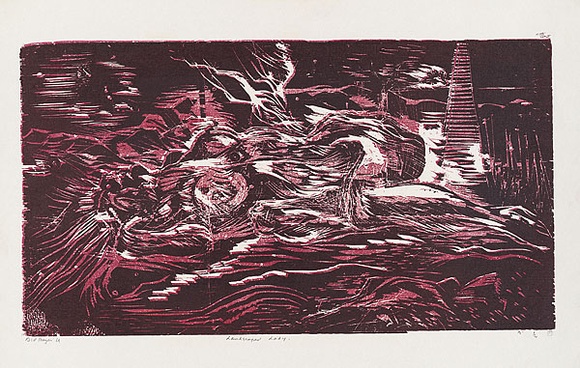 Artist: b'MEYER, Bill' | Title: b'Landscaped lady' | Date: 1969 | Technique: b'woodcut, printed in two colours, from one block; initial printing with block tone and grain' | Copyright: b'\xc2\xa9 Bill Meyer'