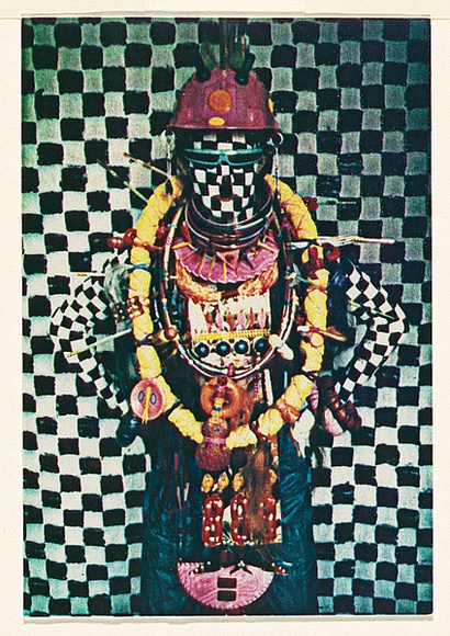 Artist: b'McDiarmid, David.' | Title: b'not titled [Afro-American with spear]: postcard from the series Urban Tribalwear.' | Date: (1980) | Technique: b'photocopy, printed in colour' | Copyright: b'Courtesy of copyright owner, Merlene Gibson (sister)'