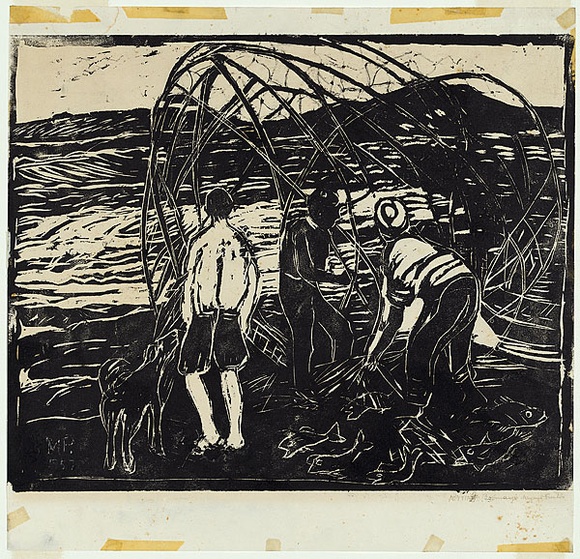 Artist: b'PRESTON, Margaret' | Title: b'Casting the net' | Date: 1957 | Technique: b'woodcut, printed in black ink, from one block' | Copyright: b'\xc2\xa9 Margaret Preston. Licensed by VISCOPY, Australia'