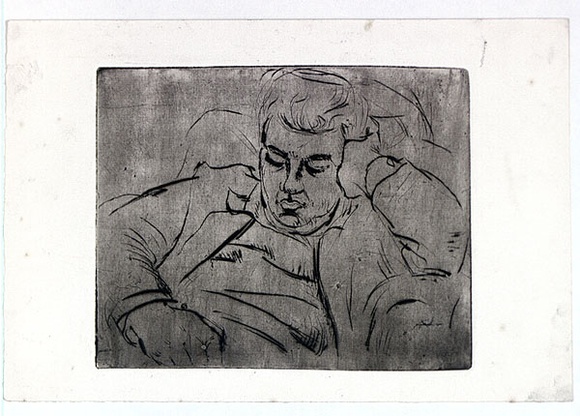 Artist: b'MACQUEEN, Mary' | Title: b'Peter' | Date: c.1960 | Technique: b'drypoint, printed in black ink with plate-tone, from one aluminium plate' | Copyright: b'Courtesy Paulette Calhoun, for the estate of Mary Macqueen'