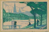 Artist: b'Syme, Eveline' | Title: b'Banks of the Yarra' | Date: 1935 | Technique: b'linocut, printed in colour, from four blocks (cerulen blue, cobalt green, viridian, cobalt blue)'