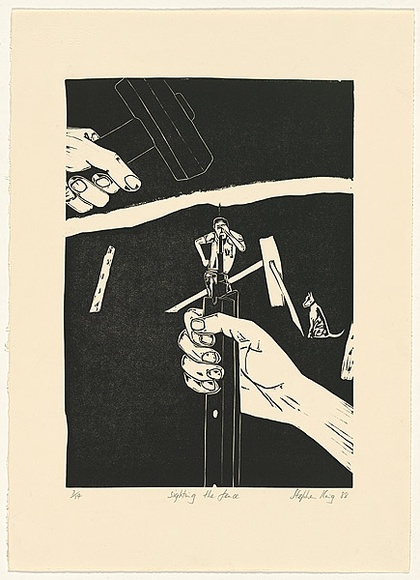 Title: b'Sighting the fence' | Date: 1988 | Technique: b'linocut, printed in black ink, from one block'