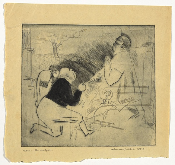 Artist: b'McCulloch, Alan.' | Title: b'Mars. The acolytes' | Date: 1939 | Technique: b'drypoint, printed with plate-tone,from one plate; pencil and watercolour'