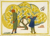 Artist: b'Black, Dorrit.' | Title: b'The wattle tree.' | Date: c.1933 | Technique: b'linocut, printed in colour, from four blocks (yellow, orange, grey-green, cobalt blue)'