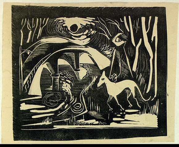 Artist: b'French, Len.' | Title: b'(Dog by the stream).' | Date: (1955) | Technique: b'lithograph, printed in black ink, from one plate' | Copyright: b'\xc2\xa9 Leonard French. Licensed by VISCOPY, Australia'