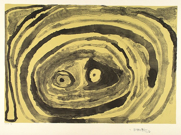 Artist: b'Honeychild, Paji.' | Title: b'not titled [concentric circles around central points]' | Date: 2001 | Technique: b'lithograph, printed in black ink, from one stone; with yellow tint'