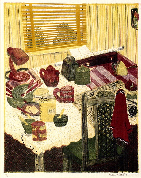 Artist: b'Eager, Helen.' | Title: b'(Kitchen table and venetian blind).' | Date: 1977 | Technique: b'lithograph, printed in colour, from multiple blocks; collage'