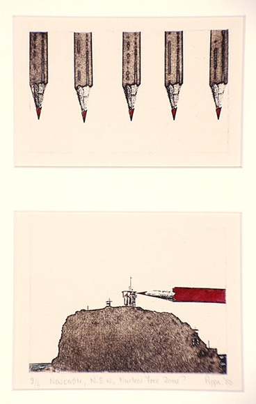 Artist: b'Robinson, Pippa' | Title: b'Newcastle N.S.W. nuclear free zone?' | Date: 1985 | Technique: b'etching, hand-coloured'