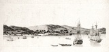 Title: b'Timor, Vue de la Rade, de la Ville et du Fort de Coupang (Kupang) [Timor, view of the harbour, of the town and of the fort of Kupang]' | Date: 1807 | Technique: b'engraving, printed in black ink, from one copper plate'