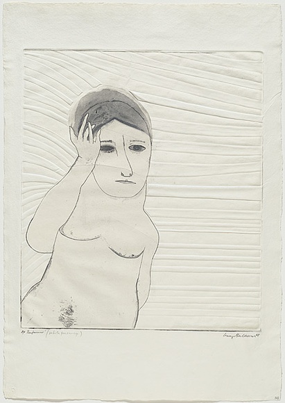 Artist: b'BALDESSIN, George' | Title: b'Performer (white personage).' | Date: 1968 | Technique: b'etching and aquatint, printed in colour; embossing'